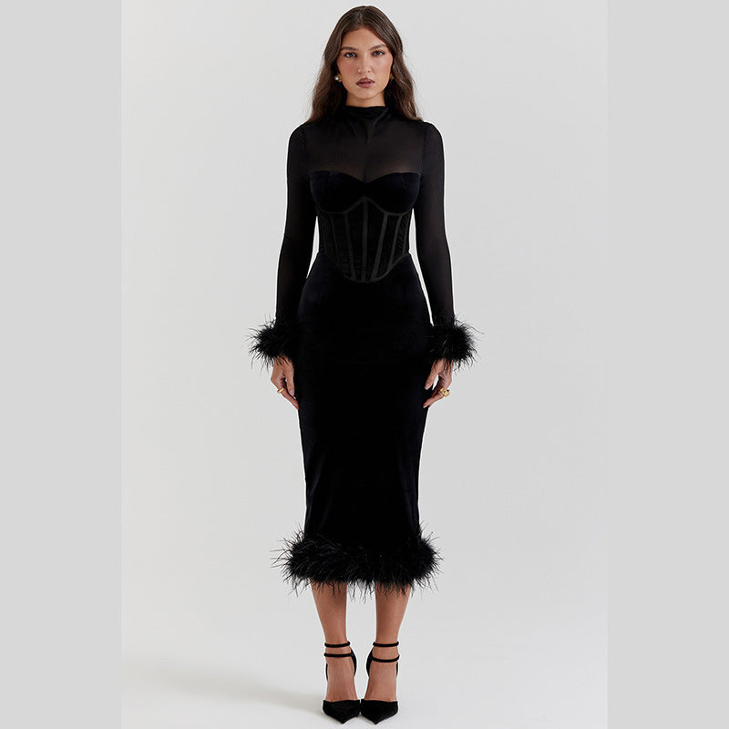 Autumn Dress Furry Waist Mesh Stitchin
