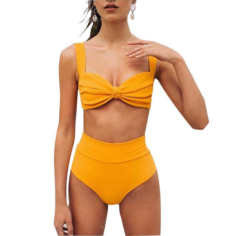 Solid high-waist striped bikini
