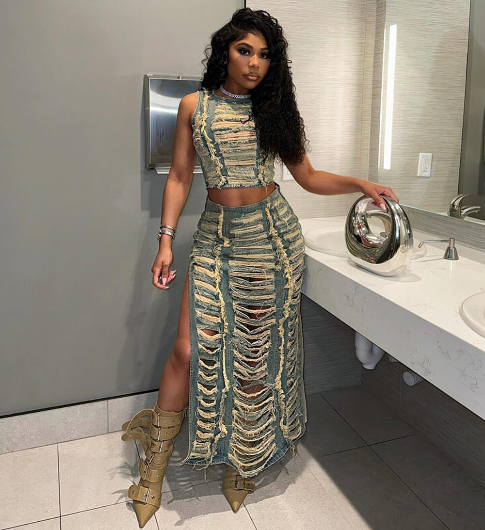 European And American Style Women Suit Trendy Unique Hand Frayed Vest Slit Denim Skirt
