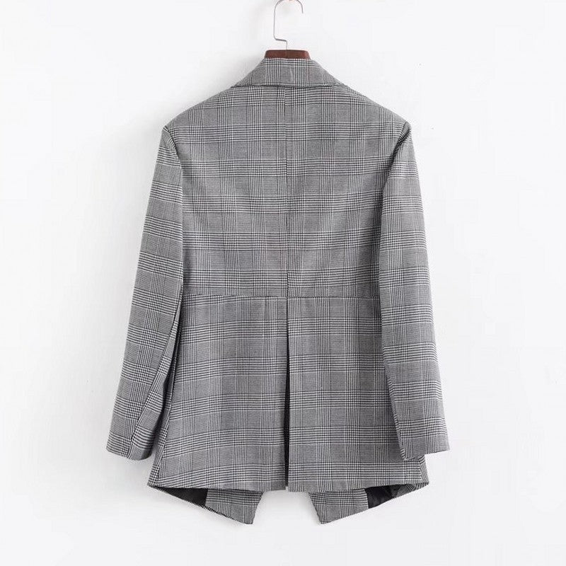 Women's Fashion Dark Button Black And White Plaid Small Suit Jacket