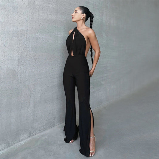 European And American Fall Women's Clothing Halter Cut-out Backless Slim Fit Skinny Jumpsuit