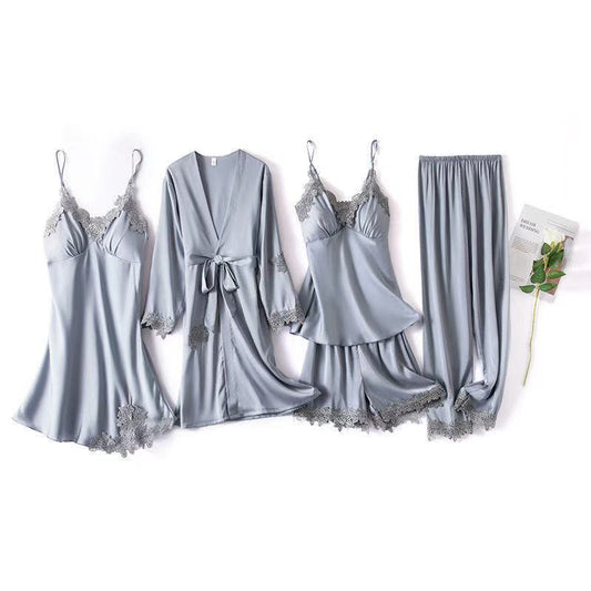 Five-piece Silk Satin Nightgown With Chest Pad