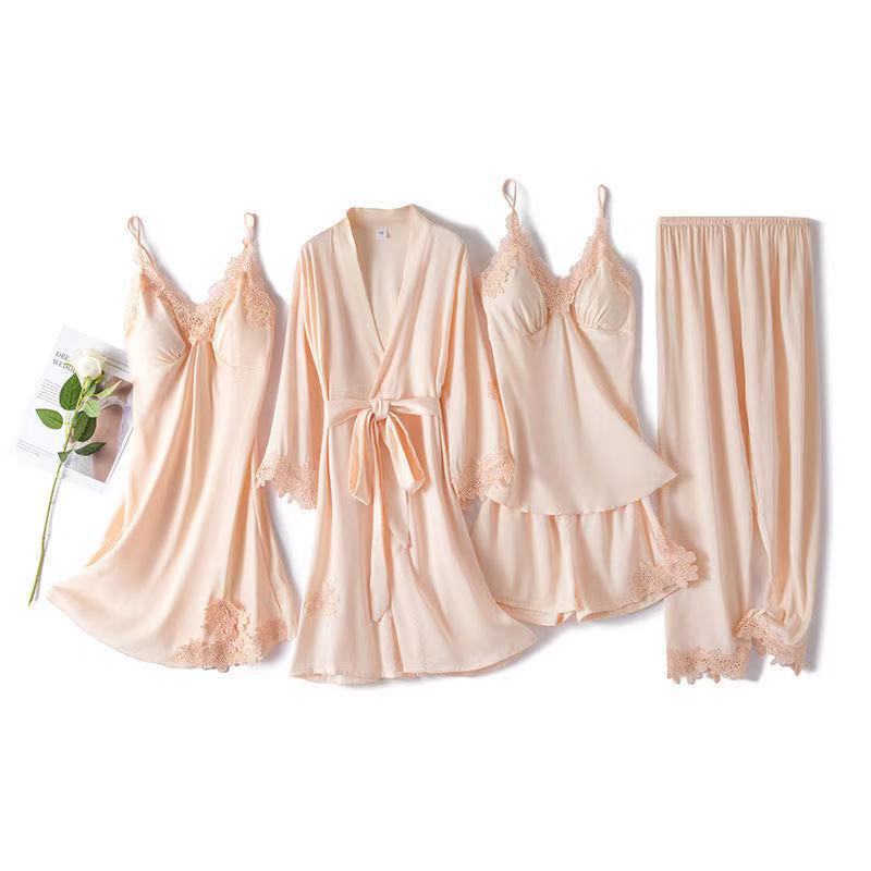 Five-piece Silk Satin Nightgown With Chest Pad