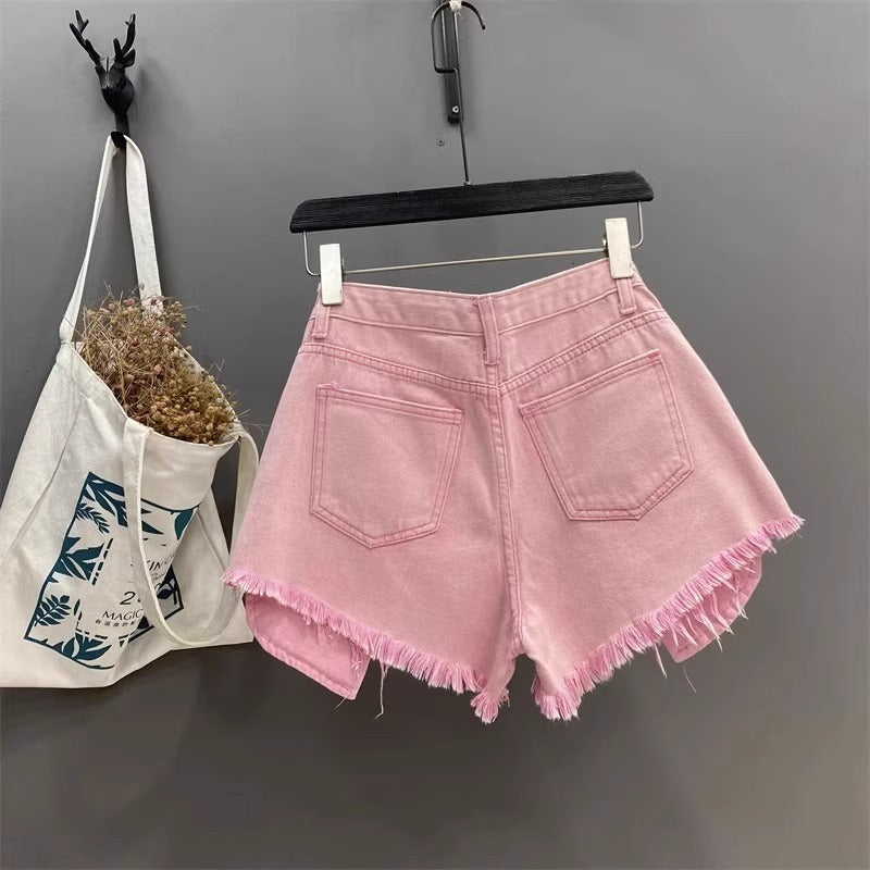 Fashion Pocket Exposed Hand Frayed Brushed Raw Edge Denim Hot Pants