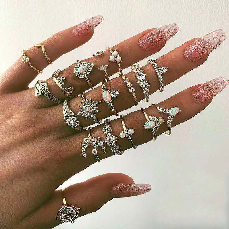 Retro hollow star drop-shaped ring set combination 19 sets