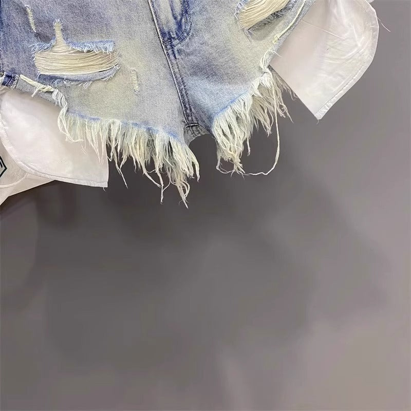 Fashion Pocket Exposed Hand Frayed Brushed Raw Edge Denim Hot Pants