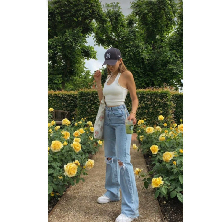 High Waist Wide Leg Trousers Ripped Washed Jeans