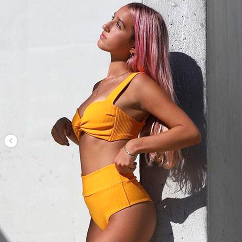Solid high-waist striped bikini