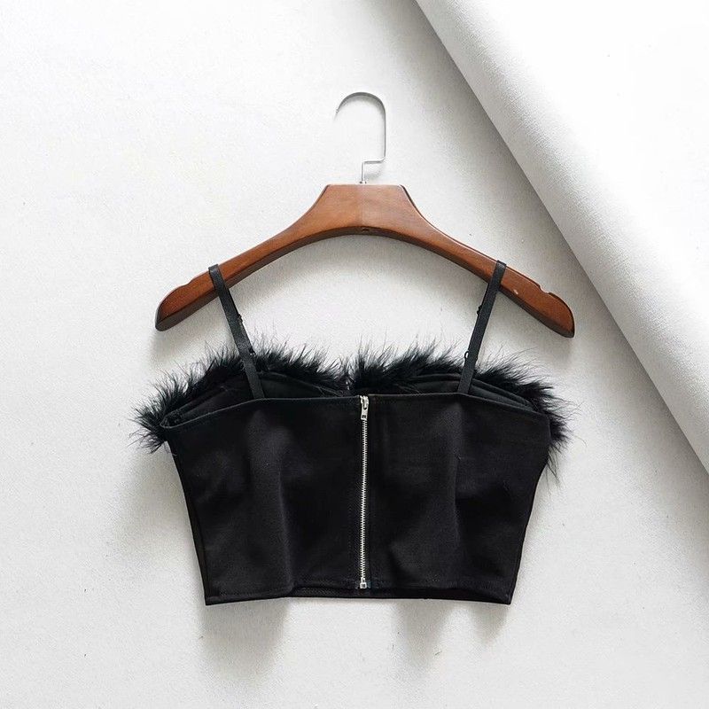 Sexy Short Tube Top With Suspenders And Feather Edges