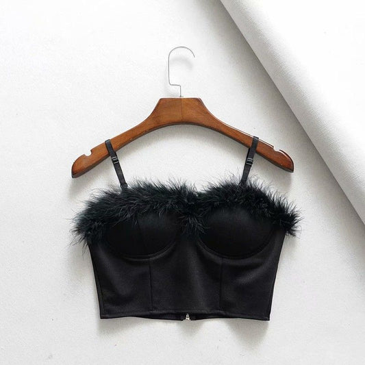 Sexy Short Tube Top With Suspenders And Feather Edges