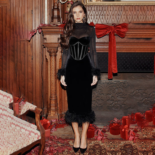 Autumn Dress Furry Waist Mesh Stitchin