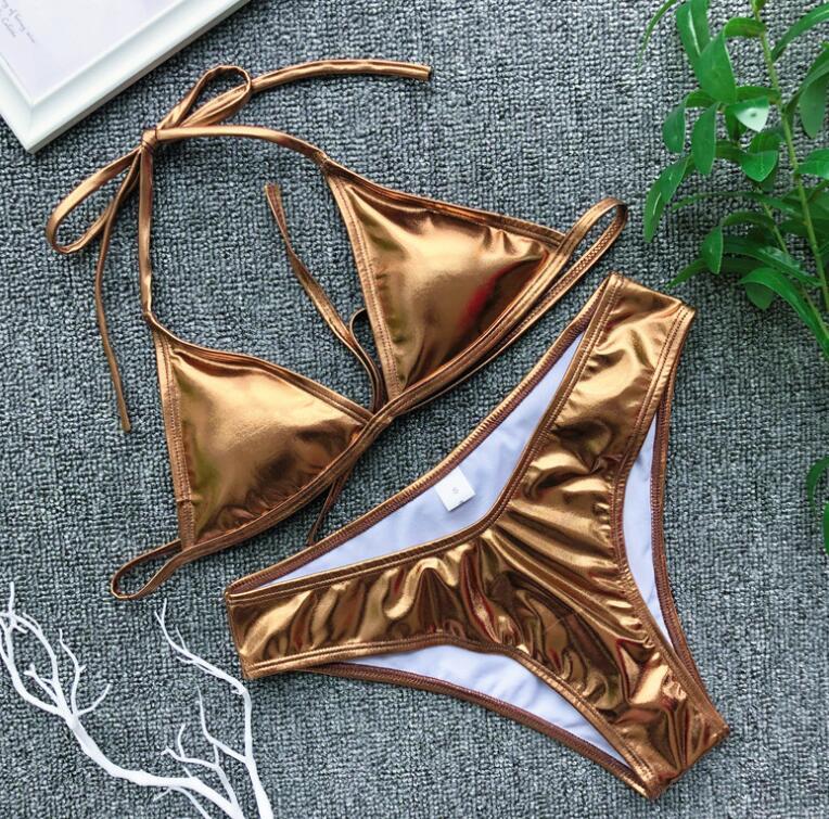 Triangle bag swimsuit personality bright leather strap bikini swimsuit