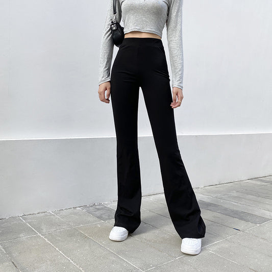 Basic Solid Color High Waist Slim Micro Flared Casual Pants Women