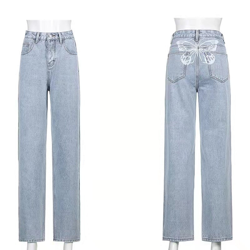 Butterfly Printed Street High Waist Jeans