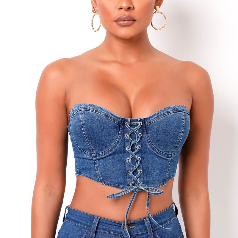 Ladies Sexy Cross-lace Denim Short Vest