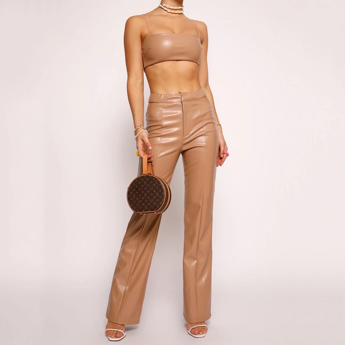 Women's PU Sling Leather Vest Straight Leg Trousers Two-piece Suit Women