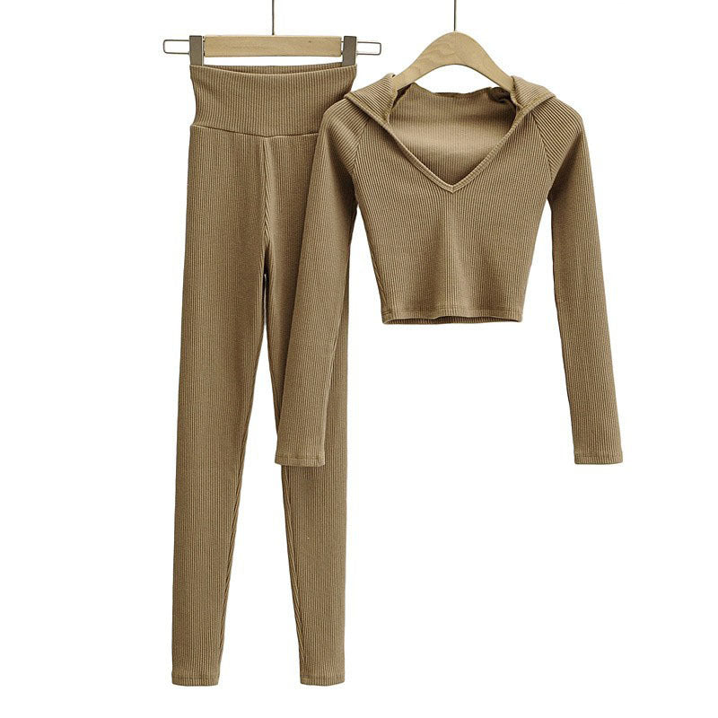 Slim Short Navel V-neck Hooded Threaded Sweatshirt Long Sleeve Two-Piece Set