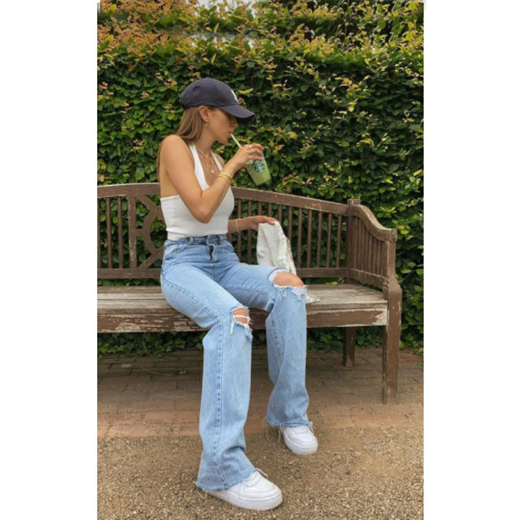 High Waist Wide Leg Trousers Ripped Washed Jeans