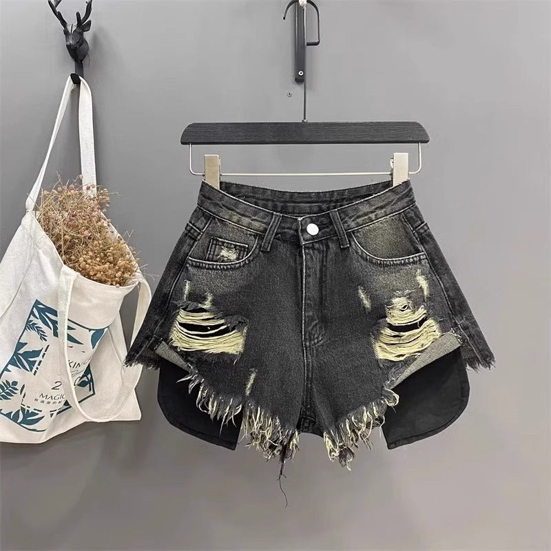 Fashion Pocket Exposed Hand Frayed Brushed Raw Edge Denim Hot Pants