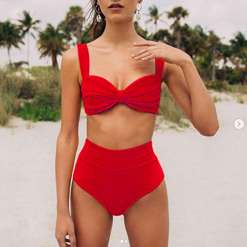 Solid high-waist striped bikini