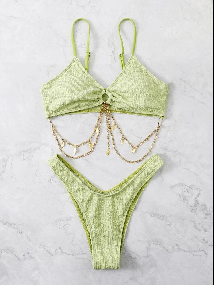 Women's Fashion Split Iron Chain Pure Color Bikini Swimsuit