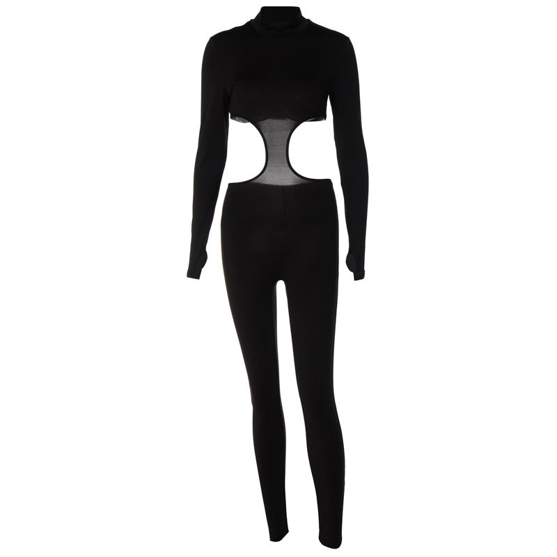 Fashion Sexy Hollow Long-sleeved High-neck Slim Sports Jumpsuit