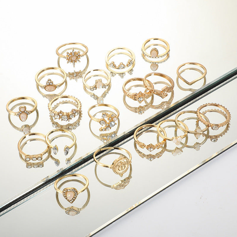 Retro hollow star drop-shaped ring set combination 19 sets