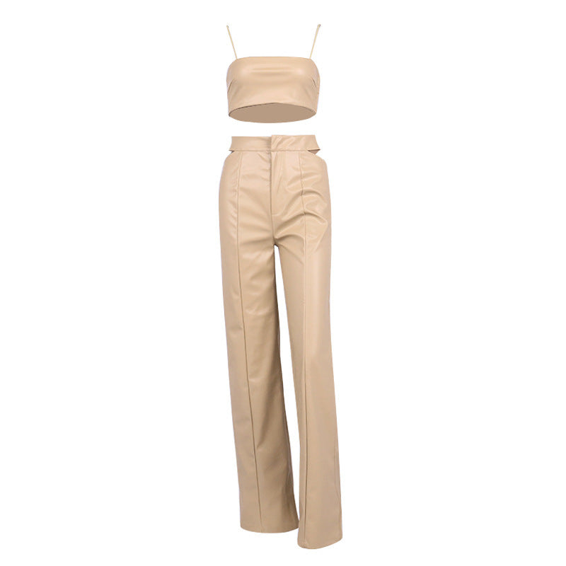 Women's PU Sling Leather Vest Straight Leg Trousers Two-piece Suit Women