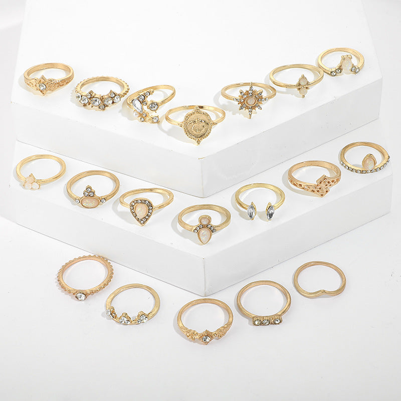 Retro hollow star drop-shaped ring set combination 19 sets