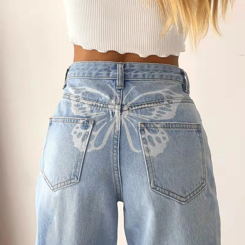 Butterfly Printed Street High Waist Jeans