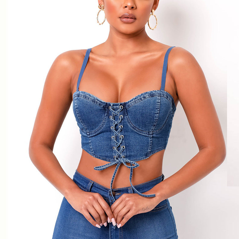 Ladies Sexy Cross-lace Denim Short Vest