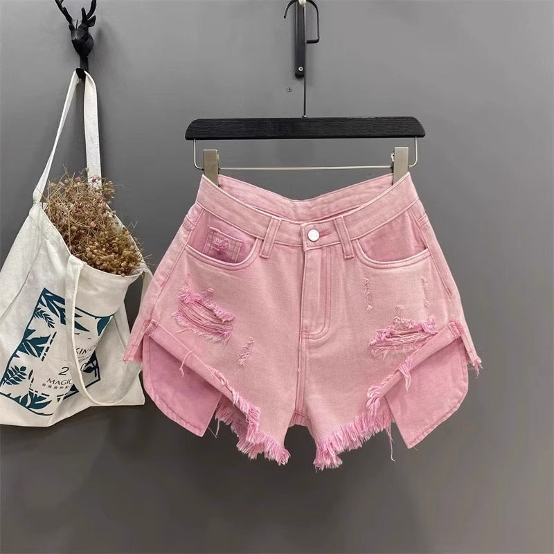 Fashion Pocket Exposed Hand Frayed Brushed Raw Edge Denim Hot Pants