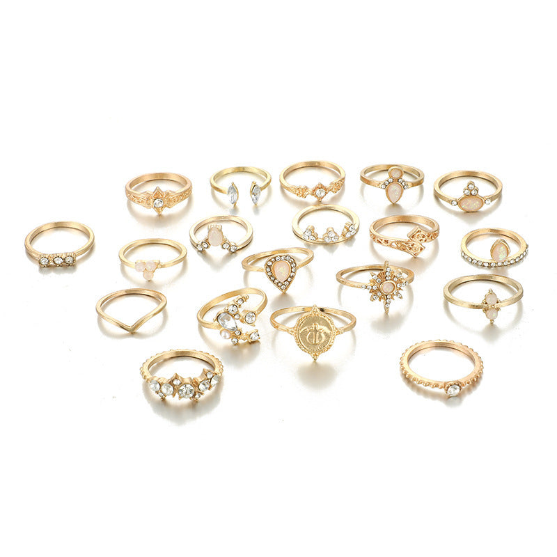 Retro hollow star drop-shaped ring set combination 19 sets