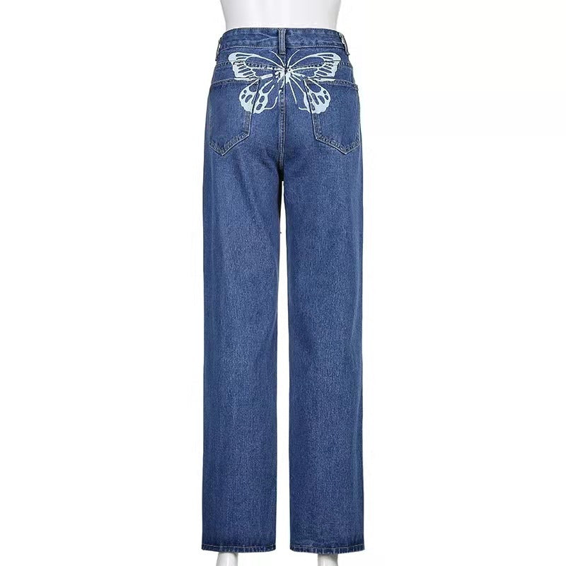 Butterfly Printed Street High Waist Jeans