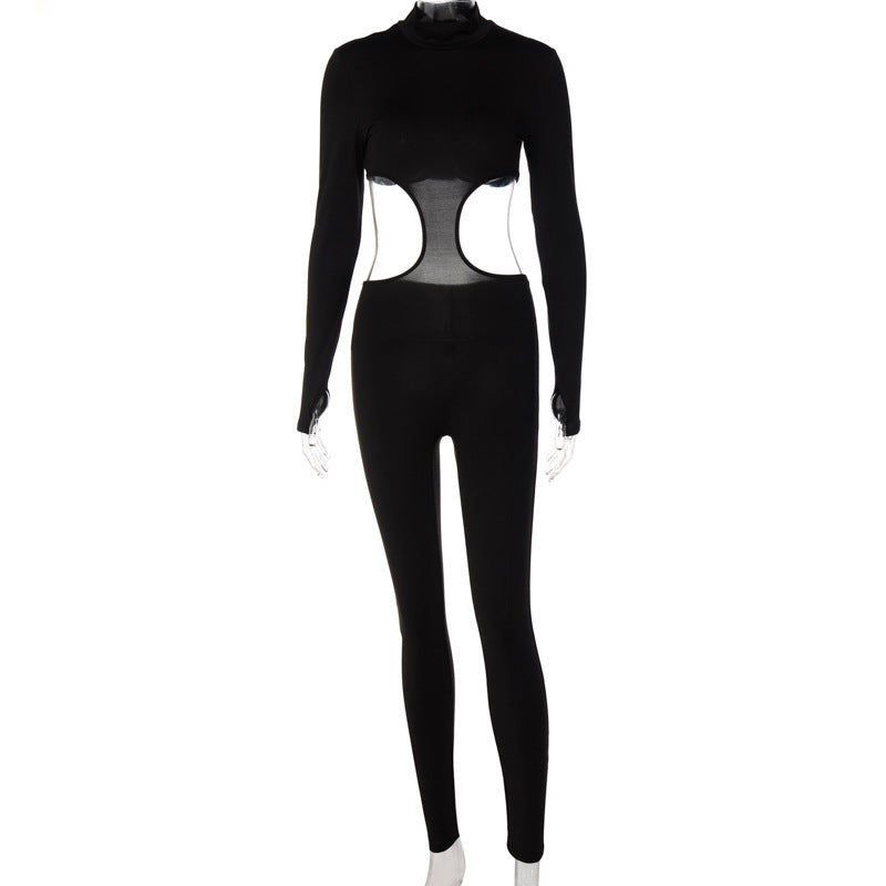 Fashion Sexy Hollow Long-sleeved High-neck Slim Sports Jumpsuit