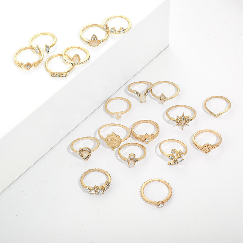 Retro hollow star drop-shaped ring set combination 19 sets