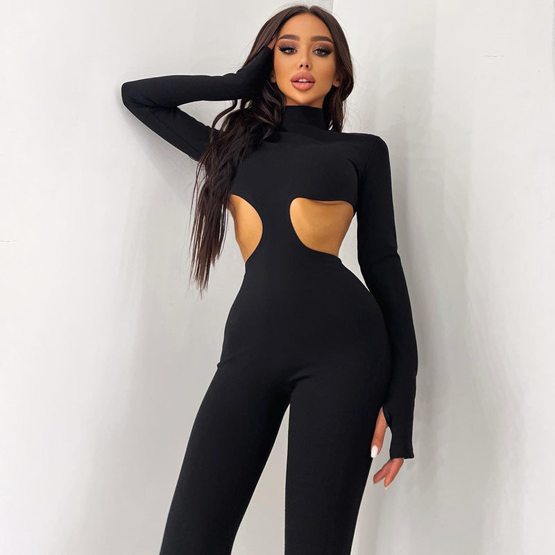 Fashion Sexy Hollow Long-sleeved High-neck Slim Sports Jumpsuit