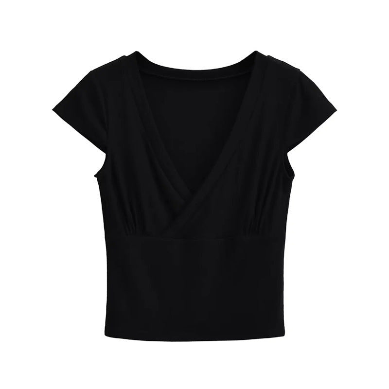 Pure Hot Girl Stacked Cross Deep V-neck Short Sleeve Bottoming T-shirt