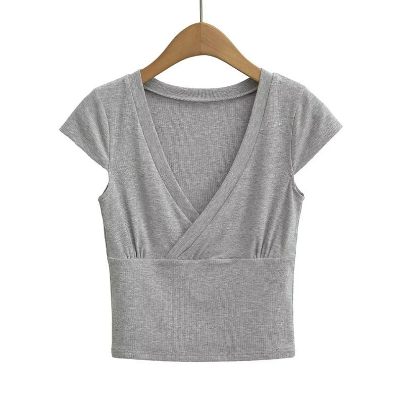 Pure Hot Girl Stacked Cross Deep V-neck Short Sleeve Bottoming T-shirt