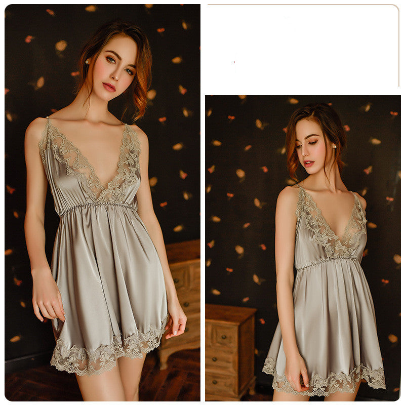 Deep V Satin Solid Lace Nightdress