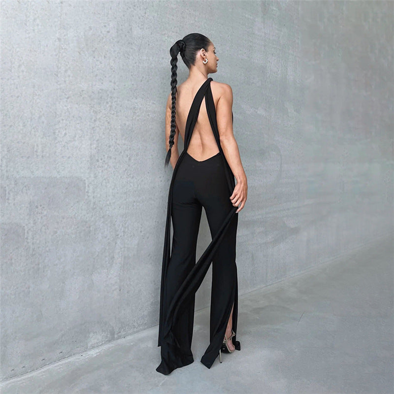 European And American Fall Women's Clothing Halter Cut-out Backless Slim Fit Skinny Jumpsuit