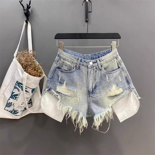 Fashion Pocket Exposed Hand Frayed Brushed Raw Edge Denim Hot Pants