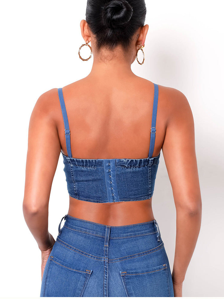 Ladies Sexy Cross-lace Denim Short Vest