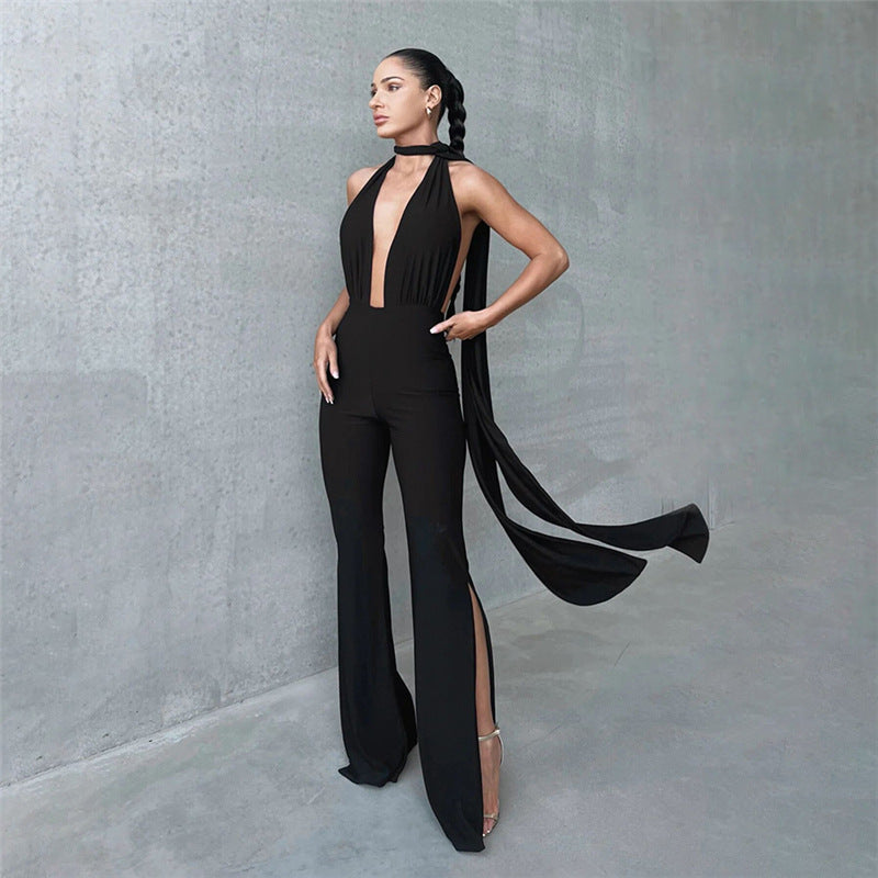 European And American Fall Women's Clothing Halter Cut-out Backless Slim Fit Skinny Jumpsuit