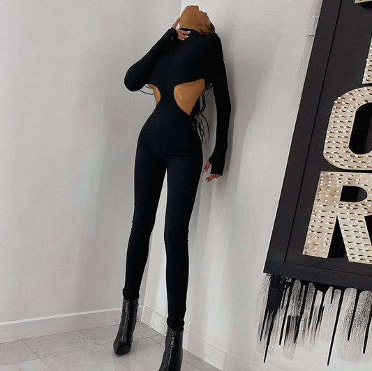 Fashion Sexy Hollow Long-sleeved High-neck Slim Sports Jumpsuit