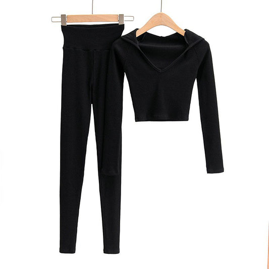 Slim Short Navel V-neck Hooded Threaded Sweatshirt Long Sleeve Two-Piece Set