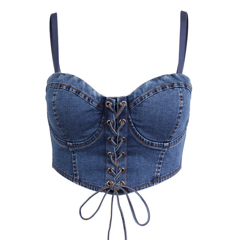 Ladies Sexy Cross-lace Denim Short Vest