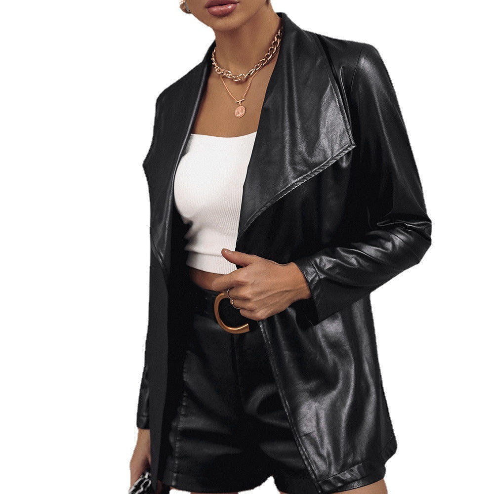 Mid-length PU Leather Suit Jacket With Lapel Slim Fit