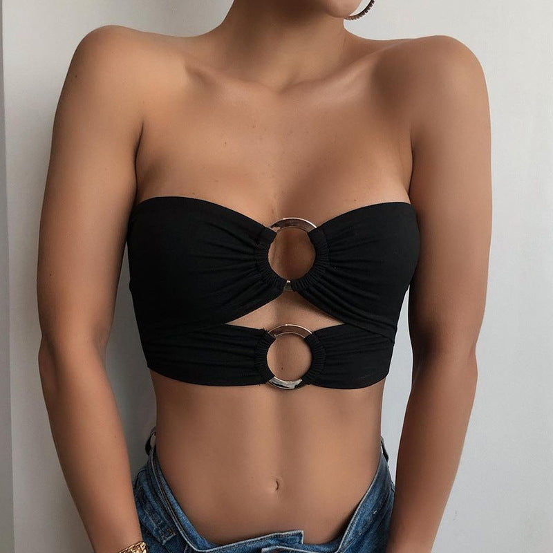 Metal Ring Tube Top Women Wrapped Chest Solid Color Texture Pleated Top