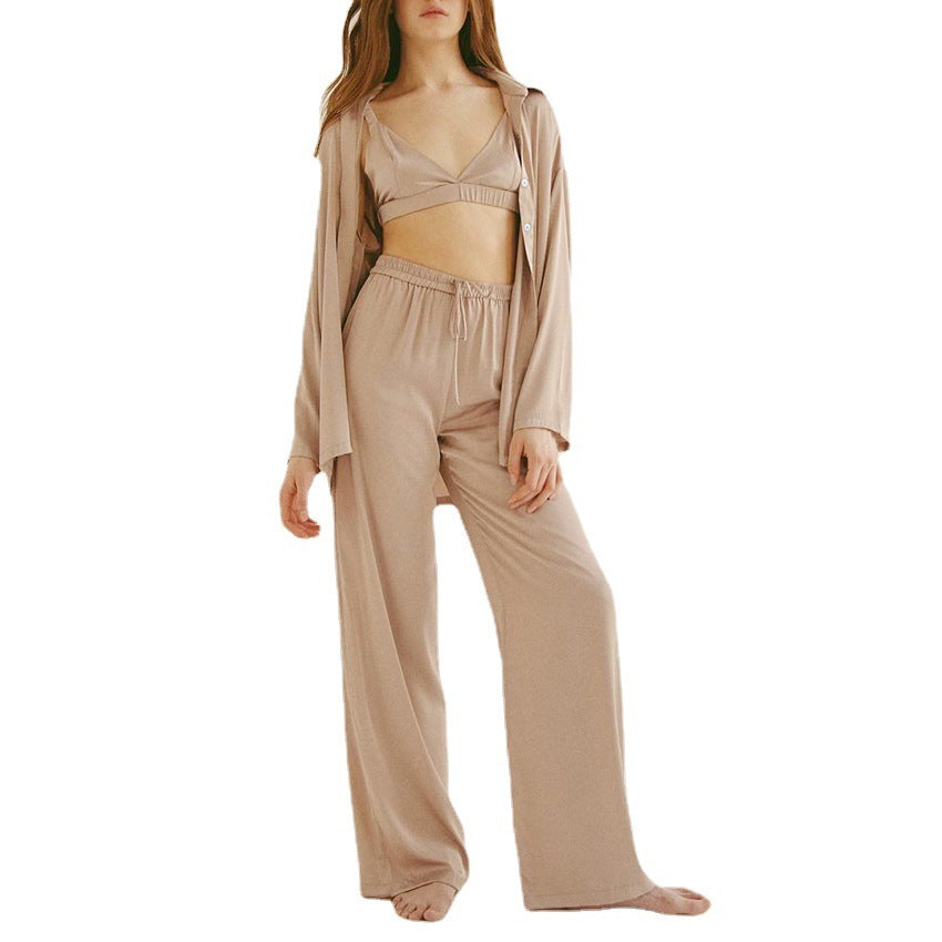 Early Spring French Fashion Temperament Three Piece Pajamas Simulation Silk